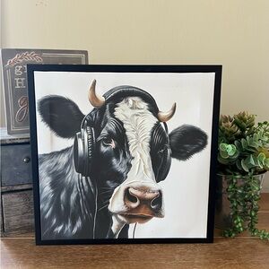 New Framed Cow Wearing Headphones Canvas